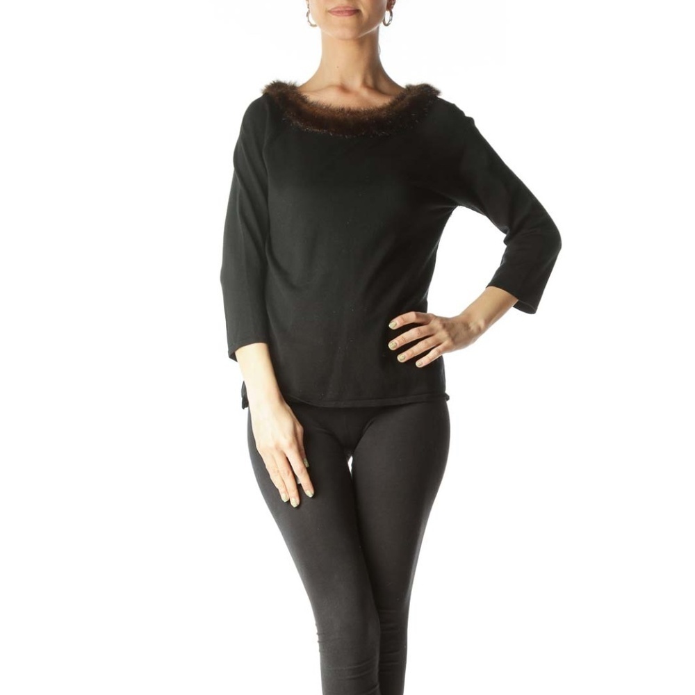 SILX BY AUGUST SILK Black Faux Fur High Neck Knit Top
